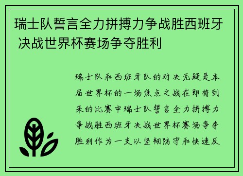 瑞士队誓言全力拼搏力争战胜西班牙 决战世界杯赛场争夺胜利